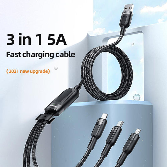 3 in 1 66W USB-A to Lightning+Micro+Type-C  Super Fast Charging Data Cable With LED